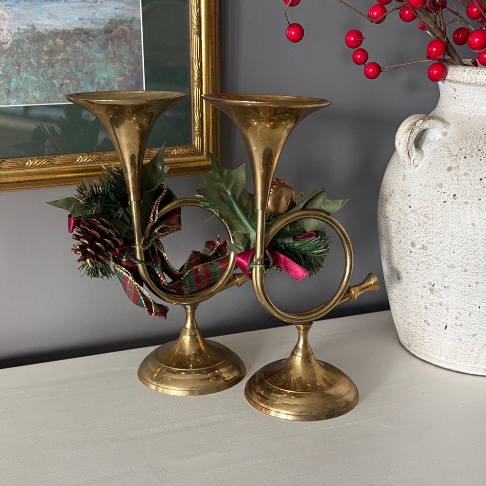 Vintage solid Brass French Horn Candle Holders set MCM